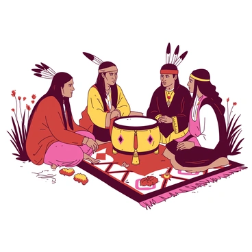 A group of Native American leaders, dressed in traditional regalia, are gathered in a circle, deep in discussion. The leaders are seated on a vibrant woven rug that features intricate patterns. Each leader has distinct attire, showcasing various cultural elements such as feathered headdresses and beaded necklaces. In the center, there is a large, ornate ceremonial drum. The expressions on their faces reflect concentration and concern as they engage in a serious conversation about the implications of the removal act. Surrounding them, there are natural elements such as tall grass and a few scattered wildflowers, contributing to the setting of their meeting.