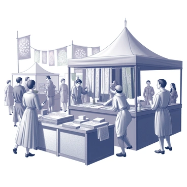 A merchant stands behind a wooden stall filled with neatly arranged fabrics. The fabrics are draped in various folds and patterns, showcasing intricate designs. The merchant, dressed in period-appropriate attire, gestures enthusiastically as customers examine the vibrant textiles. A crowd of fairgoers, wearing Renaissance-inspired clothing, moves around the stall, engaging in lively conversations. Colorful banners and tents surround the area, adding to the festive atmosphere of the fair. Various items, such as spools of thread and sewing tools, are scattered across the stall, highlighting the craft of fabric-making. The scene is lively, filled with the energy of the fair.