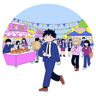 Ayanokoji is walking through a lively school festival filled with colorful decorations. There are various food stalls, each adorned with bright banners, offering different types of snacks like takoyaki and cotton candy. Children are playing games, such as ring toss and goldfish scooping, with excited expressions on their faces. In the background, groups of students are chatting and laughing, enjoying the festive atmosphere under a clear blue sky. Ayanokoji is wearing his school uniform, and he appears focused, observing the vibrant scene around him.