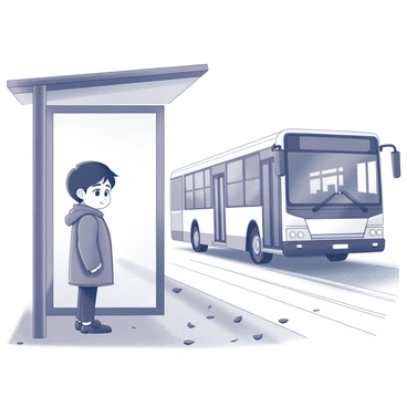 A child stands at a bus stop. The child has a sad expression, with their hands in the pockets of a jacket. The bus stop is constructed from metal and glass, providing some shelter. The child gazes after a bus that is driving away, the bus showing a clear side profile as it moves along the road. The scene captures the moment just before the bus disappears from view, emphasizing the child's disappointment. The background features a barren street with a few scattered leaves.