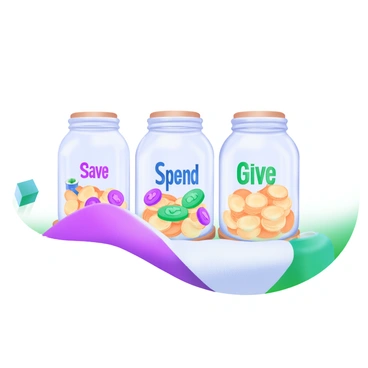 Three glass jars are arranged in a row, each labeled with a different word. The first jar on the left is labeled "Save" and contains a mix of shiny coins, gleaming in the light. The middle jar is labeled "Spend" and is filled with colorful coins, some with distinctive designs. The jar on the right is labeled "Give" and features a collection of coins that have a warm golden hue. Each jar has a small wooden base, and there is a soft, light-colored cloth beneath them, enhancing the scene.