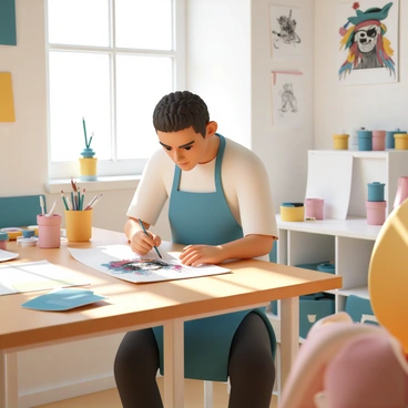 An artist in a studio passionately drawing a vibrant pirate card design