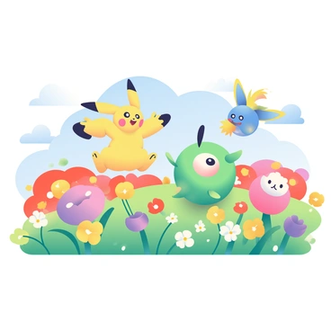 A group of colorful Pokémon is frolicking in a vibrant field full of blooming flowers. The field is filled with a variety of flowers in shades of red, yellow, and purple, creating a lively and cheerful atmosphere. In the background, the sky is clear and blue, with a few fluffy white clouds drifting. One Pokémon, a small yellow creature with large ears, is playfully jumping among the flowers, while another, a round green Pokémon, is rolling happily on the grass. Nearby, a blue Pokémon with wings is fluttering above the flowers, and a pink Pokémon is curiously sniffing a blossom. The scene captures the joyful interactions of these Pokémon in their natural, colorful environment.