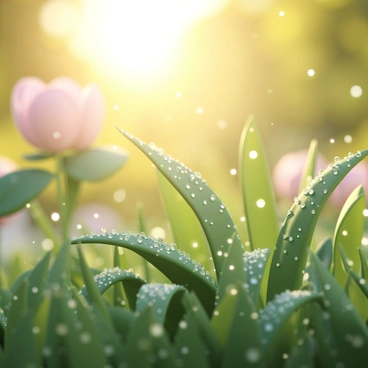 A close-up view of blades of grass covered in fresh morning dew. Each blade is glistening with droplets of water, reflecting the sunlight. The background features a blur of vibrant green foliage and soft, colorful flowers, enhancing the sense of a lush park. The sunlight creates a warm, inviting atmosphere, illuminating the dew and giving a sparkling effect to the scene.