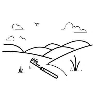 A landscape scene featuring rolling hills that are composed entirely of toothbrushes. The toothbrushes are arranged in various orientations to create a textured surface, resembling grassy hills. The sky above is clear, with a few fluffy clouds scattered across. In the foreground, a winding path made of larger toothbrushes leads through the hills, and small patches of grass poke through the spaces between the toothbrushes. Birds are flying in the distance, adding to the liveliness of the scene.