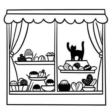A bakery shop window filled with an assortment of pastries, including croissants, eclairs, and macaroons, neatly arranged on decorative trays. A "lucky cat" figurine is prominently placed among the pastries, positioned with one paw raised. The window is adorned with intricate lace curtains, and there are subtle reflections of the street outside visible on the glass.