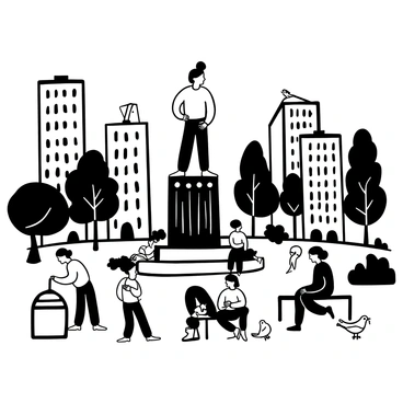 A modern sculpture representing a thinker, prominently displayed in the center of a bustling city square. Surrounding the sculpture are numerous people engaged in various activities, such as walking, talking, and sitting on benches. Tall buildings loom in the background, creating a sense of urban life. There are trees and plants scattered around the square, providing a touch of nature amidst the concrete environment. A few pigeons are pecking at the ground nearby. The atmosphere is dynamic, reflecting the vibrant energy of the city.