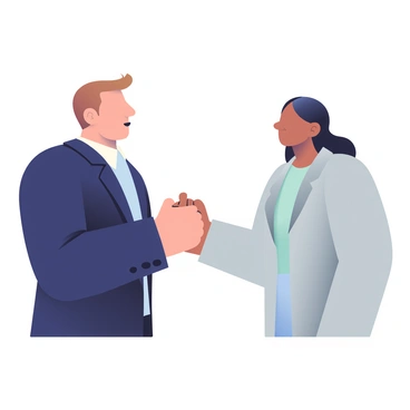 Two individuals are standing face to face, engaging in a handshake. The person on the left has short brown hair and is wearing a navy blue suit with a white shirt. Their grip is firm and assertive, indicating a sense of control in the exchange. The individual on the right has long black hair tied back and is dressed in a light gray blazer with a pale blue blouse. Their expression is confident yet slightly surprised by the firmness of the handshake. The background is blurred, allowing focus on the two individuals and their handshake.
