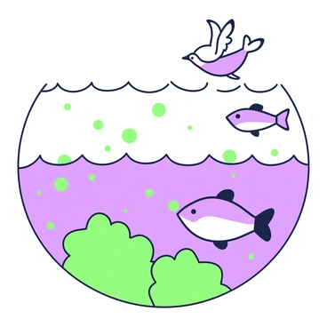 An illustration depicting a simple aquatic food chain. At the bottom, there are several green algae clustered together, providing a foundation for the chain. Above the algae, small green zooplankton are visibly floating, representing the first level of consumers. Next, a small fish is shown at a higher level, with fins extended, swimming near the zooplankton. Above the small fish, a larger fish is depicted, showcasing its sleek body and fins, actively hunting the smaller fish. At the top of the chain, a bird is illustrated diving towards the water, poised to catch the larger fish. The background includes gentle ripples in the water, enhancing the aquatic environment.