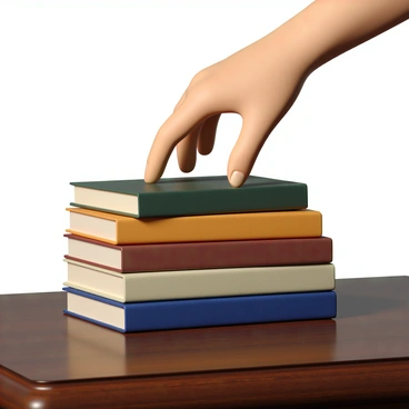 A stack of various colored books with slightly worn spines is resting on a wooden table. The books are arranged in a neat pile, with the top book tilted slightly to the side. A human hand with light skin and neatly manicured fingers is positioned above the stack, poised to slide one book off. The hand is just above the top book, creating a sense of movement. The table has a rich, dark finish that contrasts with the colors of the books, and the surface reflects soft light, emphasizing the scene.