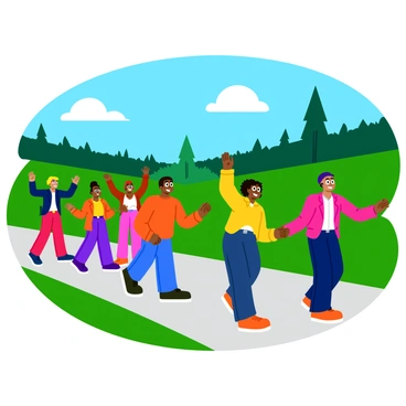 A group of diverse individuals with excited expressions, depicting runaway slaves, crossing an invisible border into Canada. Each person's face reflects hope and joy, emphasizing their newfound freedom. The scene captures a lush green landscape with vibrant trees and a bright blue sky, suggesting a sense of openness and possibility. Some individuals are holding hands, while others are raising their arms in celebration. The atmosphere is filled with energy and movement, illustrating their escape towards a brighter future.