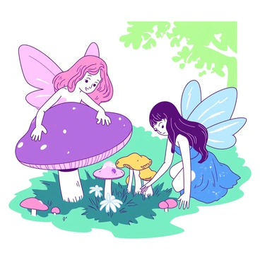 A pink fairy with iridescent wings is gently holding a large purple mushroom in her hands. Nearby, a blue fairy with sparkling attire is crouched down, inspecting a cluster of smaller yellow mushrooms growing around a patch of soft green grass. The enchanted meadow is filled with various colorful mushrooms, each with unique shapes and sizes, surrounded by wildflowers in shades of white and teal. Sunlight filters through the canopy of trees, casting dappled light onto the fairies and the vibrant scene.