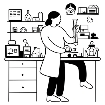 A scientist wearing a lab coat is carefully holding a precise digital caliper to measure a small metallic object resting on a laboratory table. The table is cluttered with various scientific equipment, including beakers, test tubes, and a microscope. Papers with detailed notes and diagrams are scattered around. The background includes shelves filled with an array of tools and glassware, emphasizing the laboratory environment.