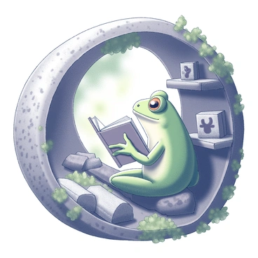 A green frog is sitting comfortably on a branch inside a hollow tree. The frog is focused on a miniature book that it is holding with its front legs. The tree’s interior is textured with rough bark and soft moss, creating a cozy atmosphere. Soft rays of light filter through the tree, illuminating the frog and the book. Surrounding the frog are small shelves made from tree bark, displaying an assortment of tiny trinkets and natural curiosities. The scene conveys a sense of peace and contentment.