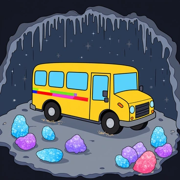 A vibrant yellow bus with large windows is positioned in the center of a dark cave. The bus has colorful designs on its side, and its wheels are slightly covered in dirt. Surrounding the bus are numerous glittering crystals in various sizes, reflecting light in shades of blue, purple, and pink. Stalactites hang from the ceiling, dripping water drops that catch the light, creating a sparkling effect. The cave walls are rugged and rocky, adding texture to the scene. Shadows dance around the bus, contrasting with the bright colors of the crystals.
