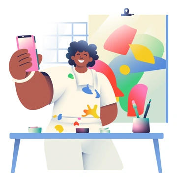 An artist taking a selfie with their colorful creation in the background