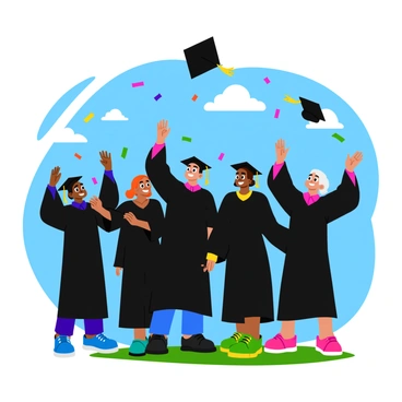 A group of graduates wearing black caps and gowns is joyfully tossing their caps into the air. Their faces display bright, cheerful expressions of celebration. Colorful confetti is falling around them, creating a festive atmosphere. The scene is set outdoors, with blue skies in the background, enhancing the sense of joy and accomplishment. The graduates are standing together in a lively group, with some arms raised high and others smiling broadly as they celebrate their graduation.