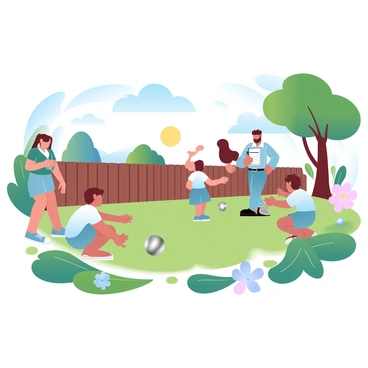 A group of children are playing petanque in a well-kept backyard, surrounded by lush green grass and colorful flowers. The grandparents are standing nearby, offering guidance and encouragement. One child is crouched down, preparing to throw a metallic boule, while another is watching closely. The grandparents are dressed casually, one holding a clipboard with a scoring sheet. In the background, there are trees providing shade and a wooden fence creating a cozy atmosphere. A few petanque balls are scattered on the ground. A bright sun illuminates the scene, enhancing the vibrant colors of the backyard.