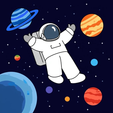 An astronaut floating in space with planets and stars in the background