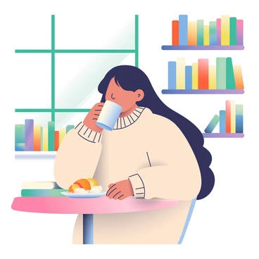A young woman named Kanako with long black hair is sitting at a small wooden table in a cozy cafe. She is wearing a soft, oversized sweater and sipping from a white ceramic mug. In front of her, there is a plate with an assortment of pastries, including a croissant and a cinnamon roll. Surrounding her are shelves filled with colorful books, creating a warm and inviting atmosphere. Soft light filters in through a nearby window, casting a gentle glow on the scene.