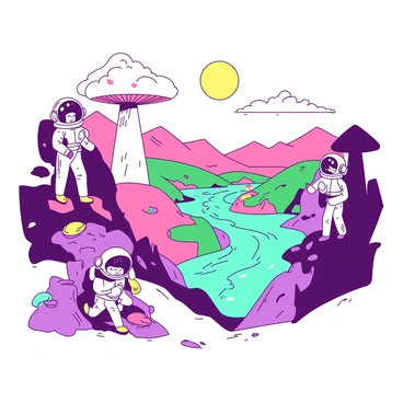 Three astronauts in vibrant spacesuits are exploring a whimsical cartoon planet. The first astronaut is standing on a hill, looking out over a landscape filled with oversized, colorful mushrooms that tower above them. The second astronaut is crouching near a shimmering, teal river that winds through the valley, its surface sparkling under a bright yellow sun. The third astronaut is examining strange, fluffy clouds in the sky that resemble cotton candy. In the background, there are rolling hills painted in bright colors, and peculiar rock formations that twist and turn in unexpected ways.