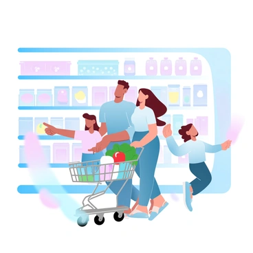 A family is shopping together in a grocery store, with three members actively pushing a shopping cart. The cart is filled with various items such as colorful fruits and vegetables, a box of cereal, and a milk carton. The parents are standing close to each other, while a child, excited and playful, is pointing at a nearby shelf filled with snacks. Brightly colored packaging is visible on the shelves around them. The store environment is well-lit, showcasing a variety of grocery items in the background.