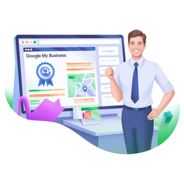 A business owner is standing confidently next to their Google My Business profile displayed on a screen. The profile is clearly visible, showcasing a "Verified" badge in bright blue. The business owner is smiling and wearing professional attire. On the screen, various details such as business name, address, and contact information are evident. There are small icons representing customer reviews and a map location, enhancing the scene. The background includes a modern office environment with neutral colors.
