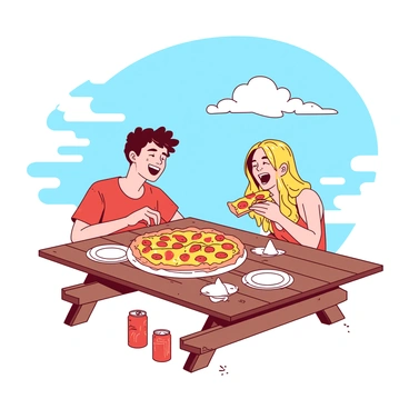 Two friends are sitting at a wooden picnic table with a large pizza placed in the center between them. One friend, with short brown hair, is smiling and reaching for a slice topped with pepperoni, while the other friend, with long blonde hair, is holding a slice in one hand and laughing. Surrounding the table are scattered paper plates and a couple of soda cans. Above them, the sky is bright blue with a few fluffy white clouds, and the sun is shining down, casting warm light over the scene.