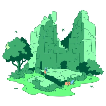 Ruins of a forgotten kingdom overtaken by nature and mysterious creatures