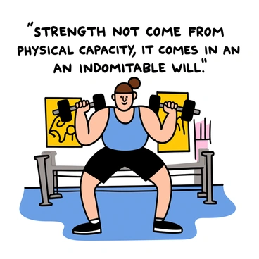 A person with light skin and short brown hair performing hammer curls with dumbbells. They are wearing a blue tank top and black workout shorts, showcasing their muscular arms. The background features a gym setting with exercise equipment and motivational posters on the walls. Above the person, in bold letters, the quote reads: "Strength does not come from physical capacity. It comes from an indomitable will."