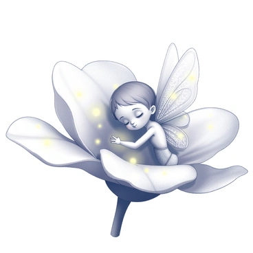 A tiny fairy with delicate wings resting on a flannel flower. The fairy has intricate features, with fine details on her wings resembling lace. The flannel flower is large in comparison, with soft petals that are gently curved. Surrounding the fairy and the flower are numerous small lights, creating a soft glow in the scene. The composition captures the intimate moment, emphasizing the fairy's serene expression as she enjoys her peaceful surroundings.