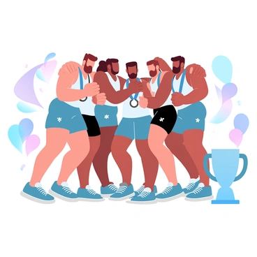 A group of runners is standing in a circle, embracing each other in celebration after completing a marathon. Each runner is wearing a colorful running outfit and a medal hanging from their neck. Their arms are wrapped around each other in joyful hugs. In the background, colorful balloons and banners can be seen, adding vibrancy to the scene. A large trophy is positioned on a table nearby, signifying their achievement.