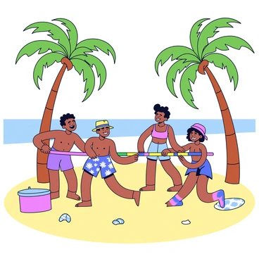 A tropical beach scene with soft, golden sand and clear turquoise water in the background. In the foreground, a group of four friends are playing limbo under tall, green palm trees. Two friends are laughing as one bends backward to go under a brightly colored limbo stick, while another friend holds it up on one side. The friends are wearing vibrant swimwear, and there are beach towels and a cooler nearby. A few seashells are scattered in the sand, and a gentle breeze rustles the leaves of the palm trees.