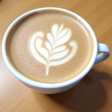 A close-up of a latte in a white ceramic cup, showcasing an intricate floral design created in the frothy surface. The latte is a rich brown color with creamy white foam, forming detailed petals and leaves in the design. The background consists of a smooth wooden table, enhancing the warm atmosphere of the scene.