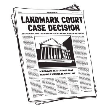 A vintage newspaper front page features bold black headlines announcing a landmark court case. The main headline reads "LANDMARK COURT CASE DECISION", printed in large, attention-grabbing font at the top. Below it, there is a smaller headline summarizing the case's significance, stating "A RULING THAT CHANGES THE LANDSCAPE OF LAW". Various articles with detailed text are positioned around the main headlines, including smaller subheadings and quotes from key figures involved in the case. The overall layout shows a centered image of the courthouse, rendered in a duotone style with contrasting colors, enhancing the historical feel of the newspaper.