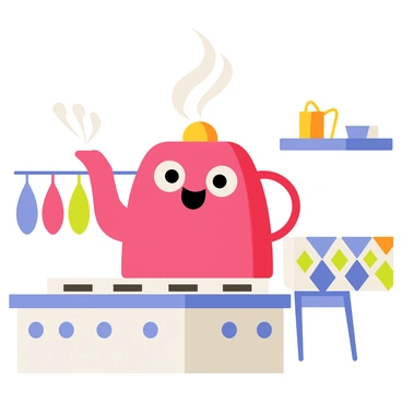 A whimsical kettle with a bright red exterior and a curvy handle is sitting on a shiny silver stove. The kettle has a cheerful face with large eyes and a wide smile. It is whistling loudly, with a musical note coming out of its spout. White steam is billowing out in swirling patterns, rising into the air above the kettle. The stove has four burners, and the surrounding kitchen features colorful pot holders hanging from the wall and a checkered tablecloth on a nearby table.