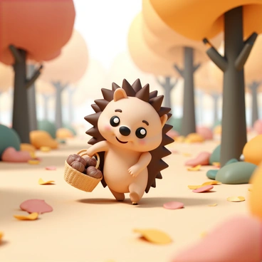 A hedgehog, with brown spiky quills and a small black nose, is walking on a carpet of fallen orange and yellow leaves in an autumn forest. It is carrying a small woven basket filled with shiny brown acorns. The forest background consists of tall trees with vibrant red and gold foliage, and soft sunlight filters through the branches, casting gentle shadows on the ground. The hedgehog's tiny legs move carefully over the uneven terrain as it smiles, bringing a sense of charm to the scene.