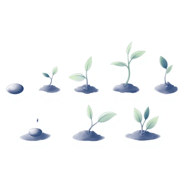 A sequence of stages illustrating the growth of a seed. The first image shows a seed nestled in soil, with a small root beginning to emerge. In the next image, a shoot breaks through the soil surface, with delicate leaves starting to unfold. The following images depict the gradual unfolding of the leaves, showcasing the development of "chlorophyll" in varying shades of green as the plant matures. Each stage captures the transformation of the seed into a healthy plant, emphasizing the detailed textures of the soil and the leaves.