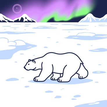 A polar bear is walking across a vast, icy landscape. The bear has a thick coat of white fur, and its large paws leave imprints in the snow. The ground is primarily covered with smooth, glistening ice, reflecting the ambient light. In the sky above, the northern lights are visible, creating a mesmerizing display that dances across the horizon. The landscape is dotted with small icy formations and distant snow-covered hills. The atmosphere feels cold and crisp, enhancing the sense of isolation in this expansive, frozen environment.