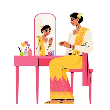 A bride sitting at a dressing table, looking into a mirror. She is wearing a beautiful traditional outfit featuring vibrant red and gold patterns. Her hair is styled elegantly, adorned with floral accessories. Intricate jewelry, including a necklace and earrings, glimmer on her, reflecting the light. The dressing table is decorated with cosmetics and a small bouquet of flowers, creating an atmosphere of preparation and excitement.