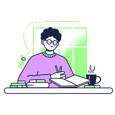 A student is seated at a wooden table, taking a short break during an exam. In front of them, there is a steaming cup of coffee resting on a coaster. The student is holding a sketchbook open on their lap, with a pencil in their right hand. Their left hand is gently resting on the table, near a small eraser. The student has curly hair, wearing a comfortable sweater and glasses. Behind them, a window is visible, allowing natural light to illuminate the scene, highlighting various study materials scattered across the table.