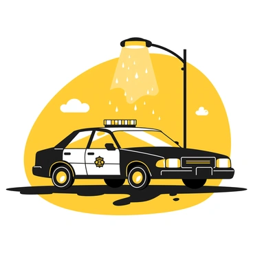 A police car with a black and white body parked under a streetlight. The car features a distinctive police insignia on the side and has flashing lights on top. It is standing on a wet street, and rain is falling, creating puddles around the tires. The light from the streetlight reflects off the wet pavement, illuminating the scene. Nearby, raindrops are visible in the air, adding to the rainy atmosphere of the moment.