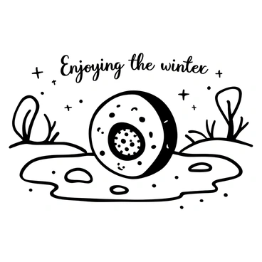 A large cell shape with rounded edges gliding smoothly across a frozen pond. The cell has intricate patterns representing its structure and is surrounded by small snowflakes gently falling around it. There are patches of ice reflecting the surroundings, and a line of trees with bare branches outlines the pond, creating a wintery atmosphere. "Enjoying the winter" is text represented above the cell in an elegant font.
