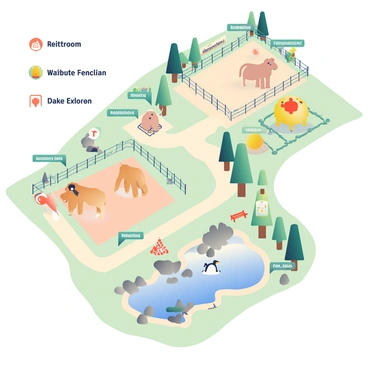 A detailed vector map of a zoo is displayed. The map features various animal enclosures, including a large enclosure for "lions" with a fence and a shaded area. Adjacent to it, there's a "giraffe" enclosure with tall trees and feeding stations. A winding path connects the different enclosures, marked with "dashed lines." There is a "penguin" exhibit located near a water feature, surrounded by rocks and a bench for visitors. Icons representing different facilities such as "restrooms" and "food stalls" are indicated on the map. The layout is organized, with labels in clear font for easy navigation.