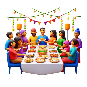A festive gathering featuring people from various cultures sharing traditional foods. The scene includes a long banquet table filled with diverse dishes, each representing different cuisines. There are individuals dressed in colorful traditional outfits, engaging in cheerful conversation. Some are holding plates filled with food, while others are serving dishes to one another. Decorative elements such as banners and candles enhance the festive atmosphere. The background includes a vibrant setting with strings of lights and flowers, creating a warm and inviting environment.