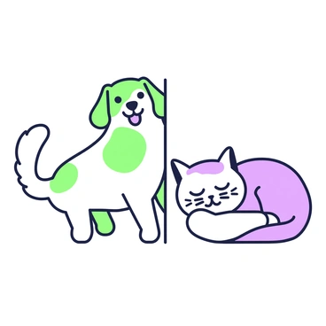 An illustration of a pet that is divided down the middle. On the left side, there is a happy dog with a wagging tail and bright eyes. Its ears are perked up, and it has a playful expression on its face. On the right side, there is a sleepy cat curled up, with half-closed eyes and a relaxed posture. The cat has soft fur and is resting comfortably, with its tail wrapped around its body. The two sides are symmetrically balanced, showcasing the contrasting moods of the animals.