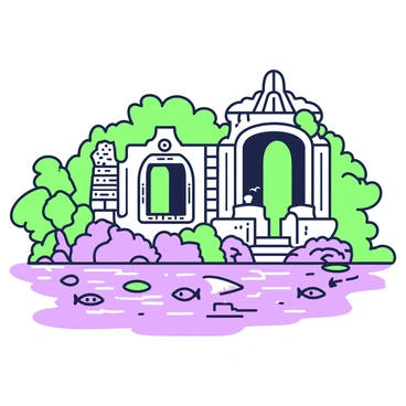 Ancient ruins are partially submerged in the waters of the Congo River. The stone structures feature intricate carvings that can be seen above the surface, hinting at a lost civilization. Green vines and foliage drape over the weathered stones, while the surrounding water reflects the shapes of the ruins. Various fish can be seen swimming near the submerged portions, and the river's current gently flows around the ancient remnants, creating ripples on the surface. In the background, dense jungle foliage surrounds the scene, adding to the mysterious atmosphere of the location.