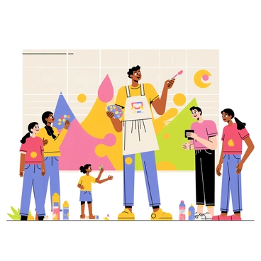 An artist stands in front of a large city wall, painting a vibrant mural filled with bright colors and dynamic shapes. The artist is wearing a paint-stained apron and holds a paintbrush in one hand while a palette with various colors is in the other. Surrounding the artist are curious onlookers, including children with wide eyes and adults with smiles, all gazing at the mural with interest. The scene includes details like splashes of paint on the ground and a few spray paint cans scattered nearby.