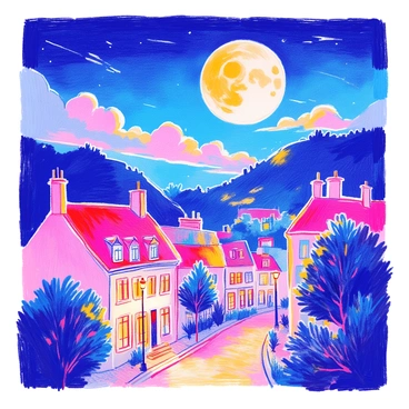 A full moon is partially eclipsed by shadow, creating a captivating scene in the night sky. The moon emits a soft, eerie glow that illuminates the surroundings. Below, a quiet town is nestled, with quaint houses featuring sloping roofs and dimly lit windows. Street lamps cast pools of light on the cobblestone streets, enhancing the tranquil atmosphere. Trees line the streets, their silhouettes dark against the illuminated moon. In the distance, a small hill rises, adding depth to the landscape. Soft clouds drift by in the night sky, partially obscuring the moon at times, adding to the mystique of the scene.