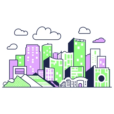 A city skyline is illustrated with an array of square and rectangular shapes stacked upon one another. The buildings vary in height, some towering while others are shorter, creating a dynamic horizon. Each shape is filled with intricate patterns, suggesting windows and doors, adding texture to the structures. In the foreground, a series of overlapping rectangles represent rooftops, while above them, rectangular shapes represent a cloudy sky, giving depth and perspective to the scene. The entire composition is structured yet fragmented, emphasizing the cubist interpretation of the urban landscape.
